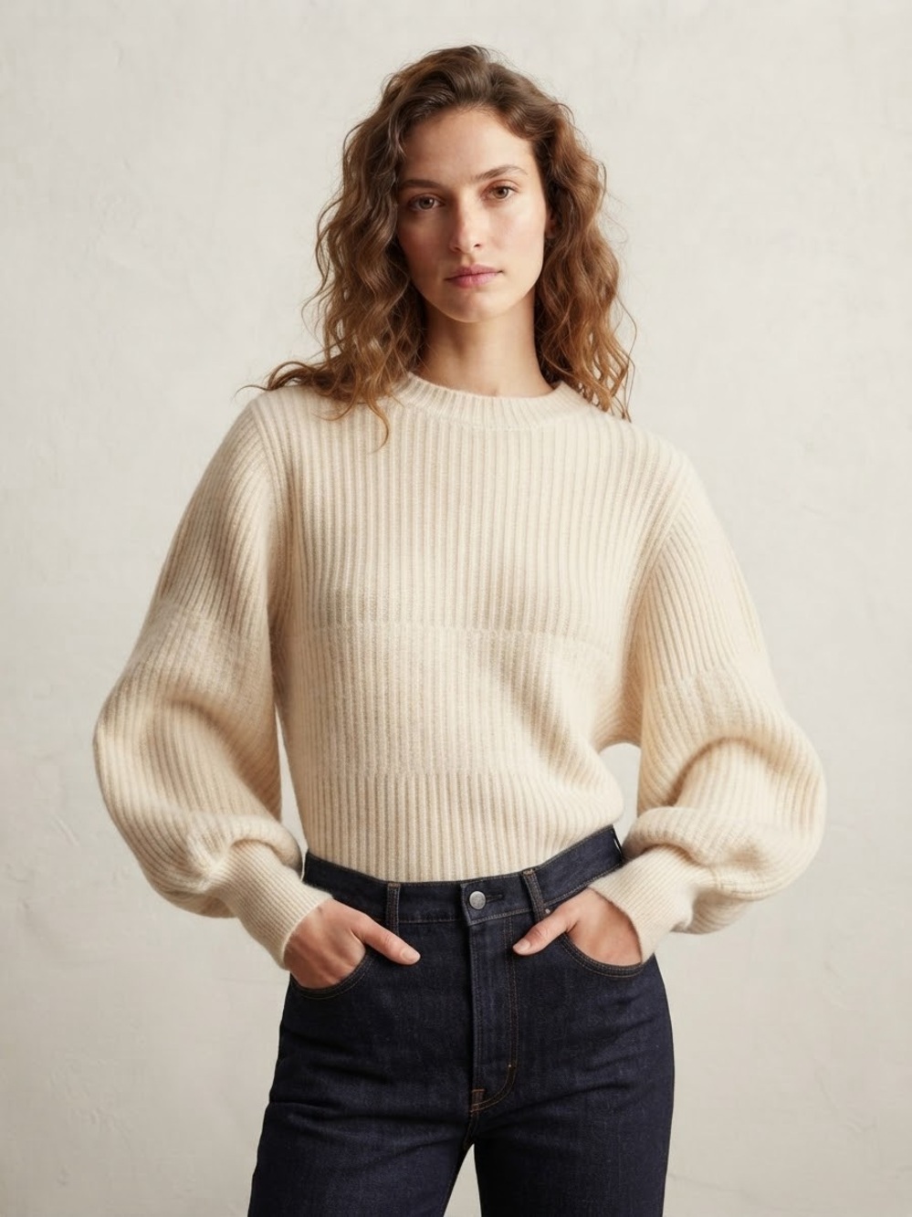French Connection Cream Ribbed Balloon-Sleeve Crewneck Sweater